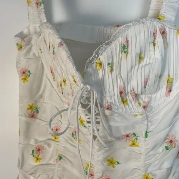For Love & Lemons Celia Floral Embroidered Shirred Lace-Up Mini Dress XS - Picture 12 of 14